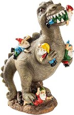 Dinosaurus T-rex eet tuinkabouters